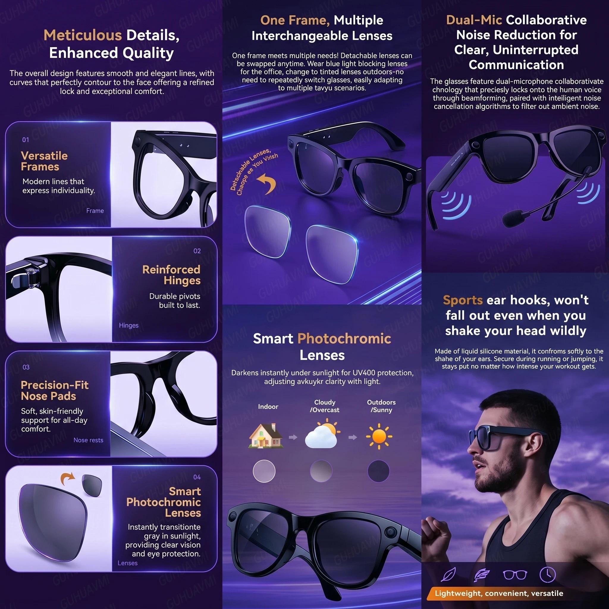 AI Camera Glasses 2026 New 1080P Video Recorder Bluetooth Audio Open Ear Music Voice Control WiFi Sync Smart Eyewear Outdoor Use - gallery