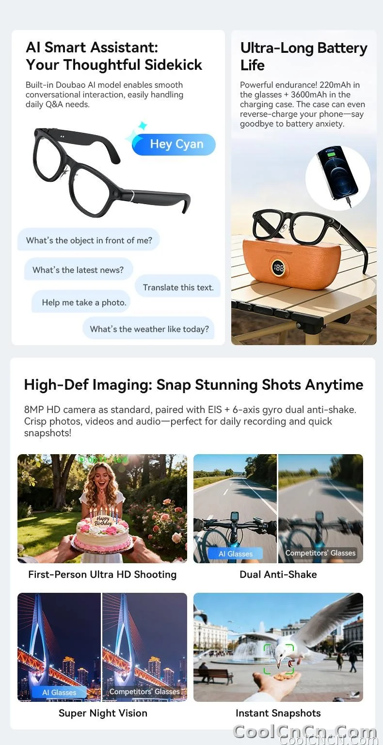 AI Smart Audio image Glasses, 3600mAh Charging Case, Hands-Free Call, Open-Ear Headphones, for Driving, Running, Daily Use - detail