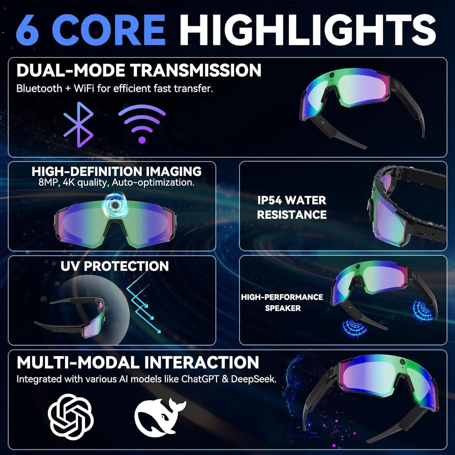 2026 New AI smart shooting&recording glasses with 800W camera, HD anti-shake bicycle riding shooting artifact, windproof goggles - gallery