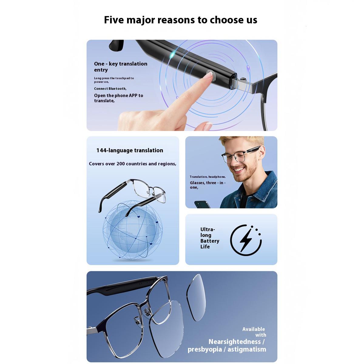 AI Glasses For Men languages Real Time Translation Wireless Bluetooth Touch Call Meeting Sports Music Smart Glasses - gallery