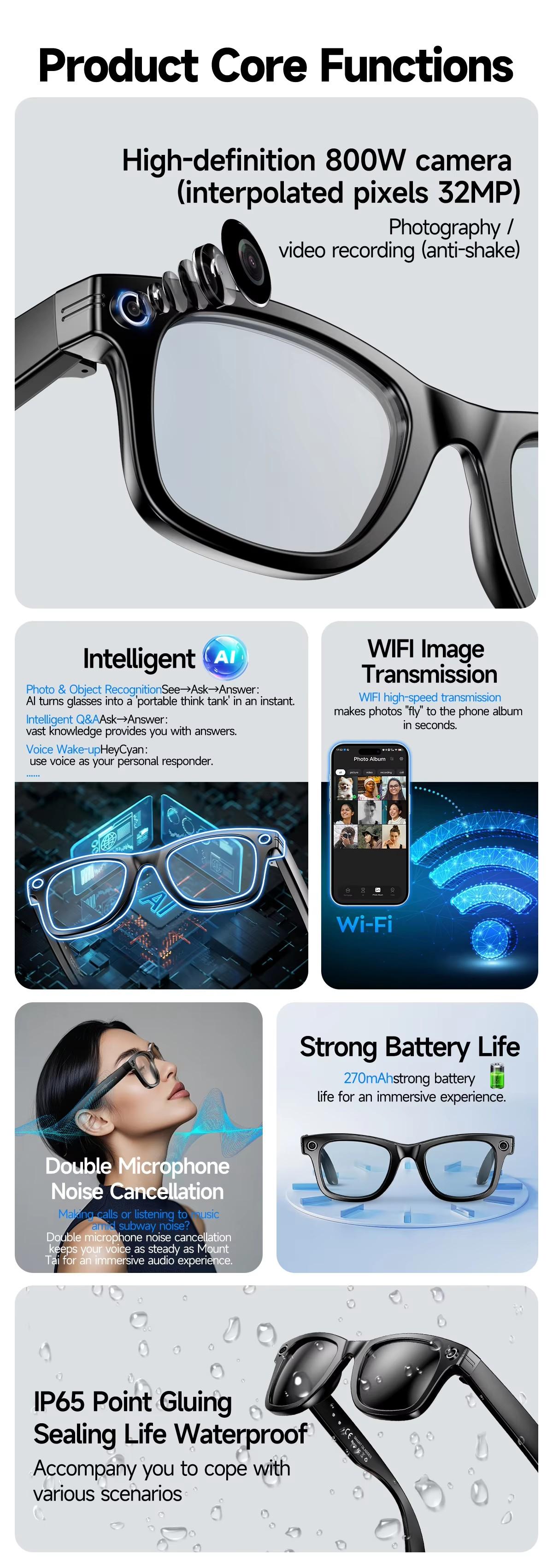 W610 AI Smart Glasses with Video Camera 800W Outdoor Sunglasses Wi-Fi Transfer BT Calling Audio Record Smart Wearable Headset - gallery