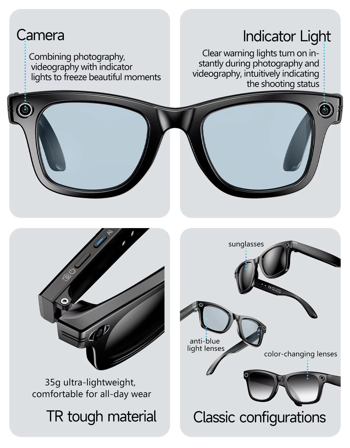 W610 AI Smart Glasses with Video Camera 800W Outdoor Sunglasses Wi-Fi Transfer BT Calling Audio Record Smart Wearable Headset - gallery