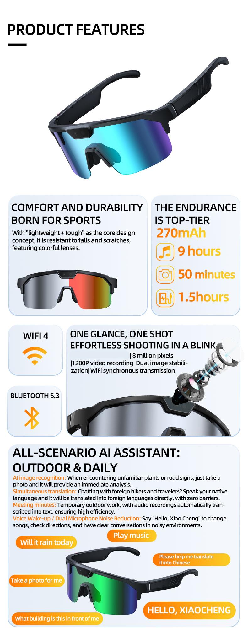 2026 Smart Cycling Glasses Sun Protection Listening to Music Taking Photo and Video AI Translation Voice Assistant Smart Glasses - gallery