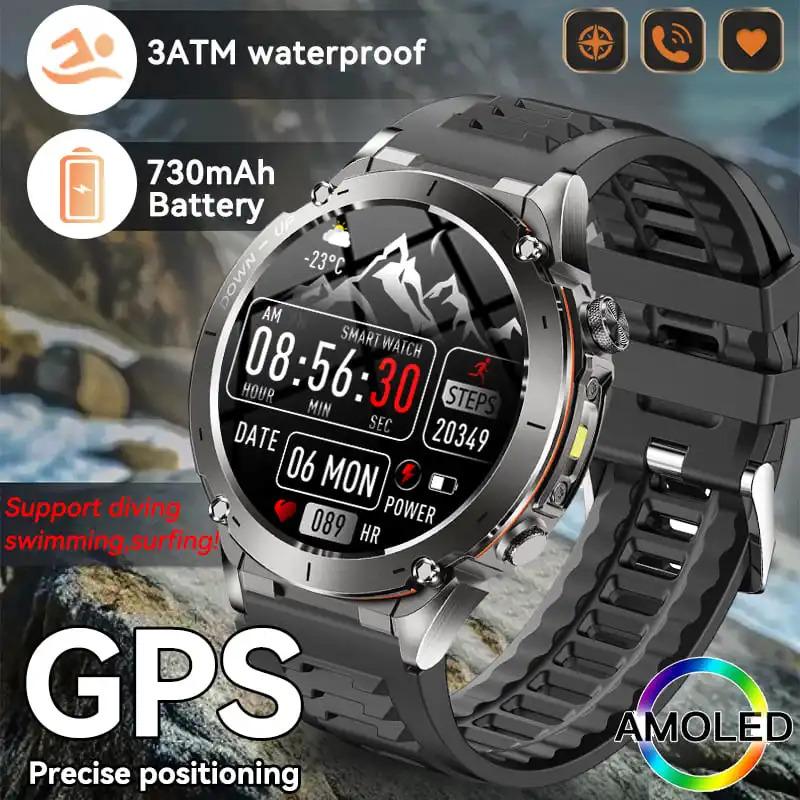 CoolWiz New Outdoor Military Smart Watch for Men with GPS, 3 ATM water resistance, AMOLED sports mode, 730 mAh battery, compass; fitness smartwatch for daily outdoor sports use