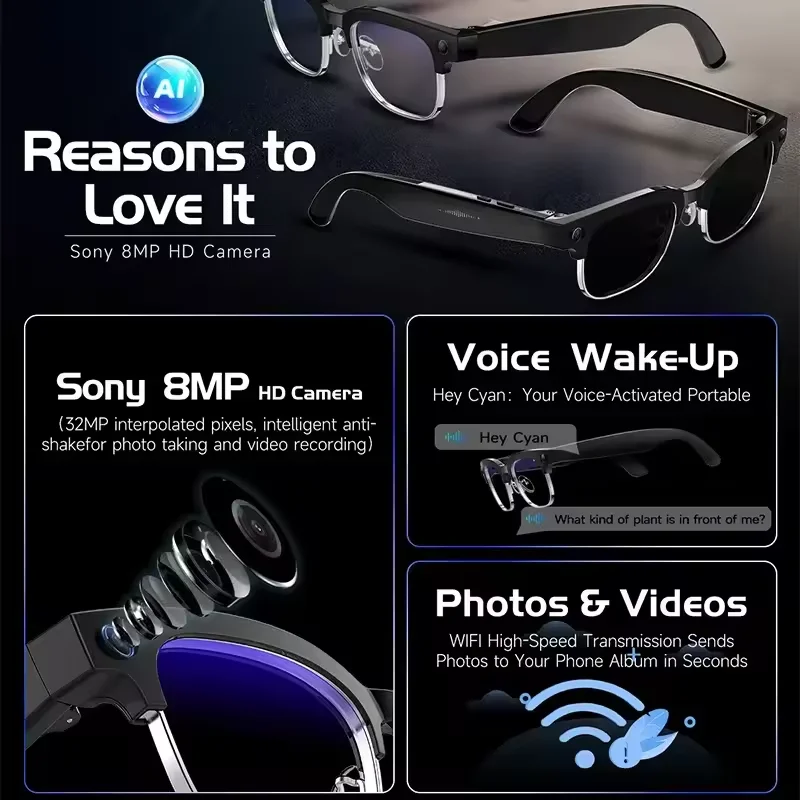New 4k HD 800W Camera Smart Glasses Men 100+Language Translation 1080P shoot Video WIFI Transmission Music Player Call Glasses