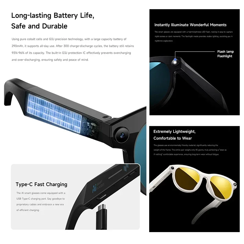 New Smart Glasses Men 8MP Camera WiFi Bluetooth Touch Control IP65 Waterproof AI Translation Noise Cancelling AI Glasses Women