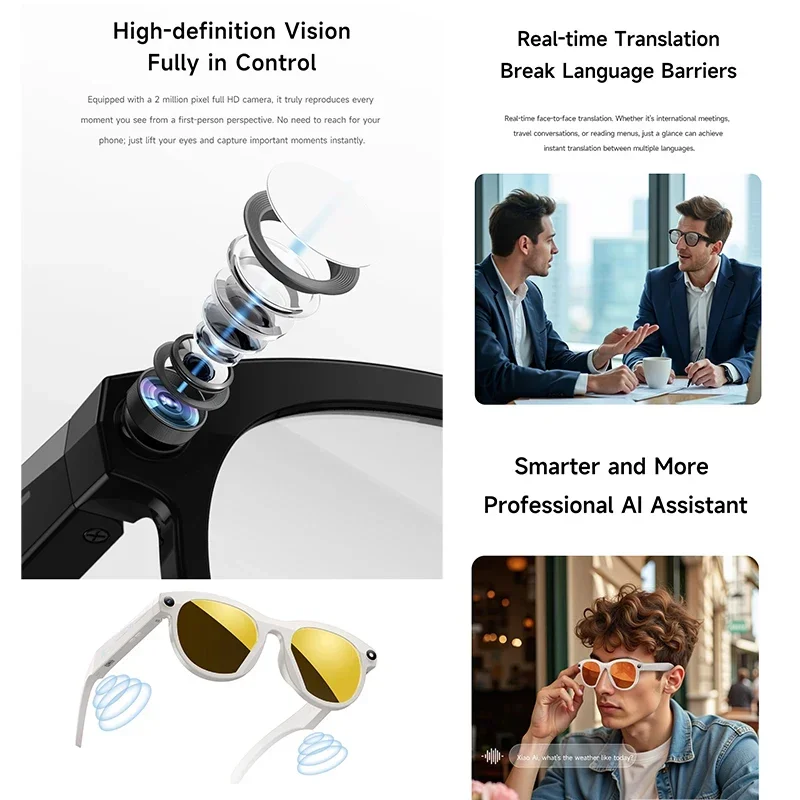 New Smart Glasses Men 8MP Camera WiFi Bluetooth Touch Control IP65 Waterproof AI Translation Noise Cancelling AI Glasses Women