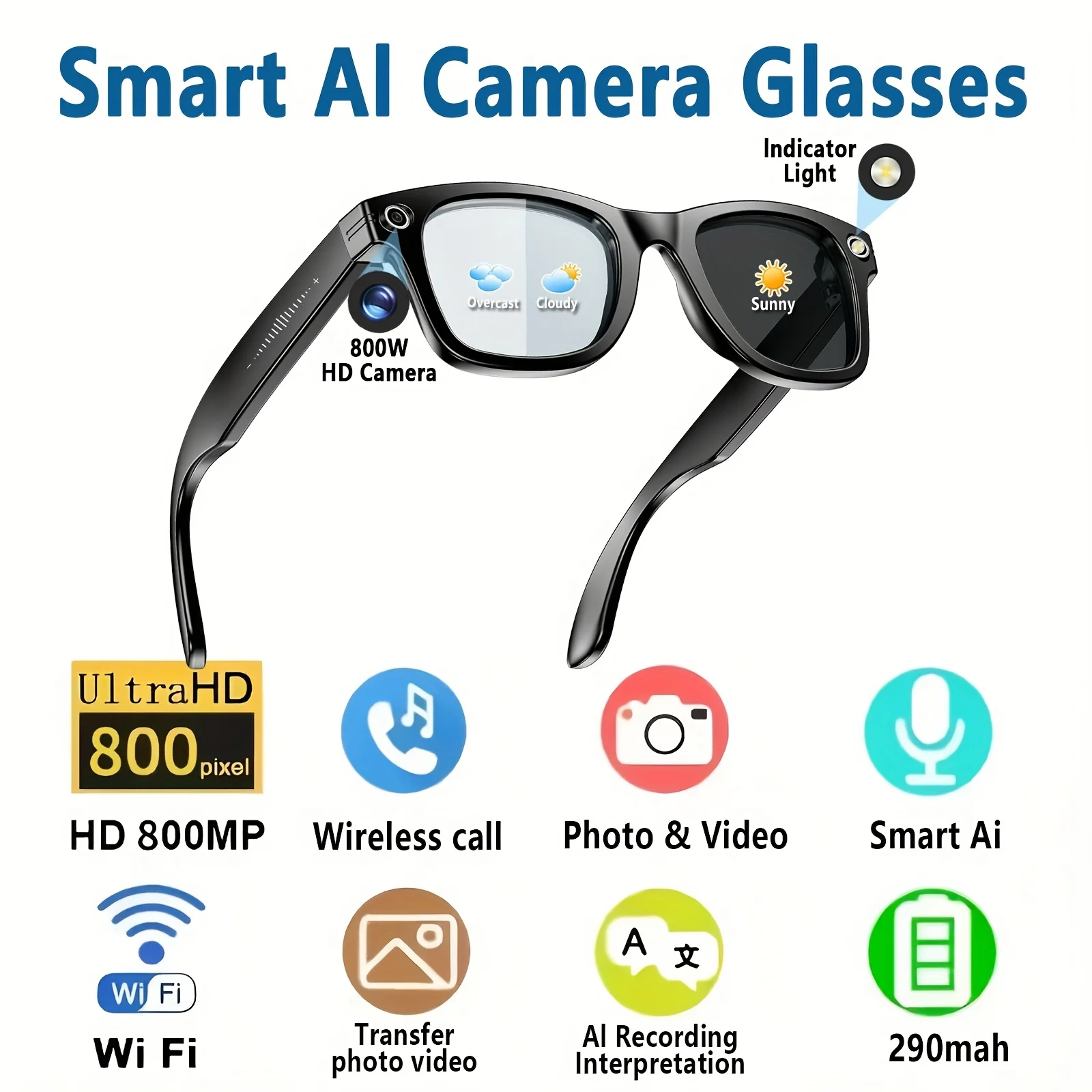 8MP camera smart glasses with 1080P HD video recording, 4K resolution, metal semi-rimless design, photochromic lenses