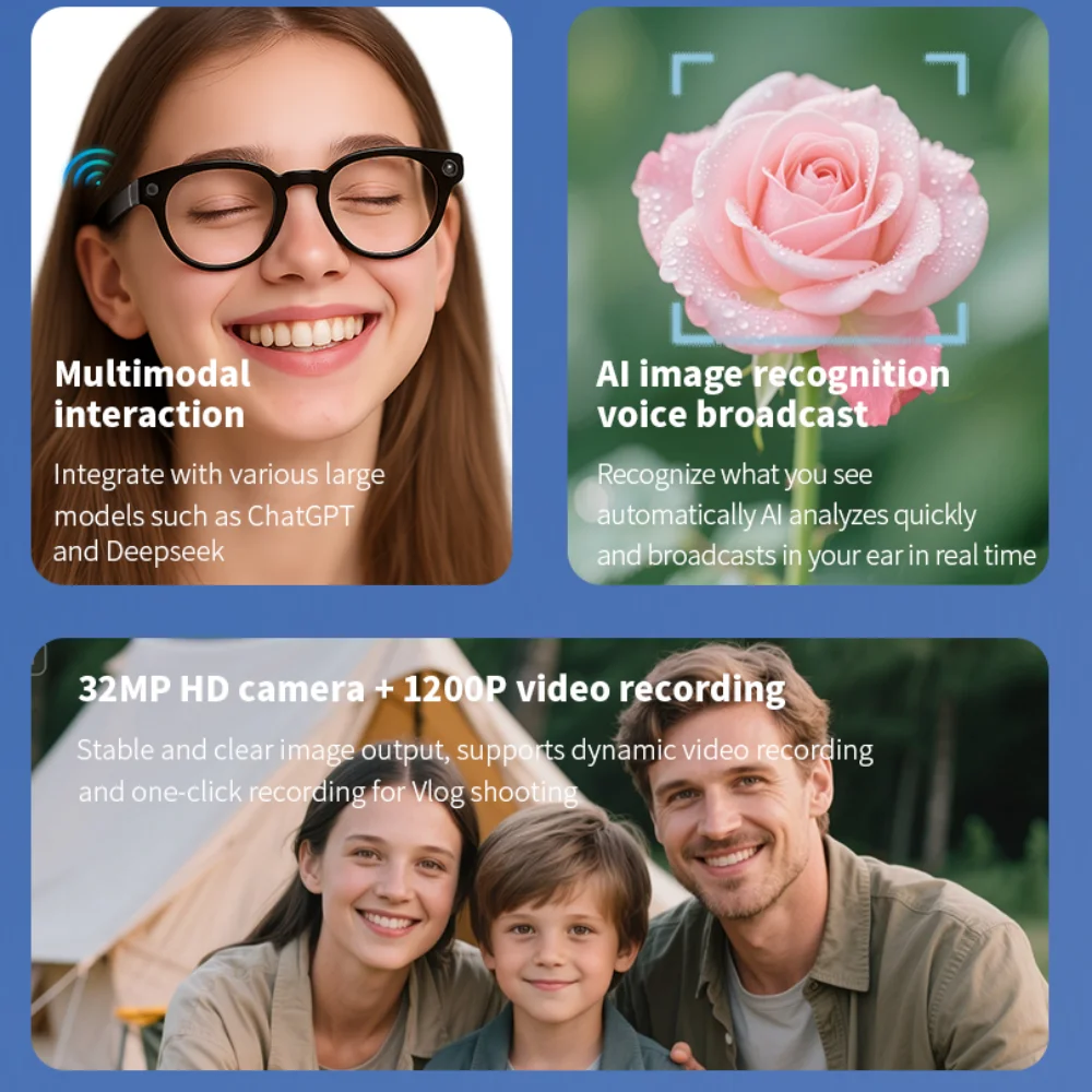 AI  Camera Intelligent Recognition Voice Call Noise Reduction Sunglasses 1080p HD Mini Camera Glasses Sports DVR Monitoring