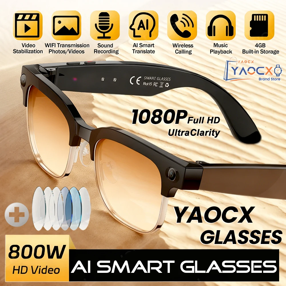New 1080P HD Smart Glasses With 800W Ultra-Wide Camera Video Recording 4GB AI Photo Recognition Bluetooth Call Translation Voice