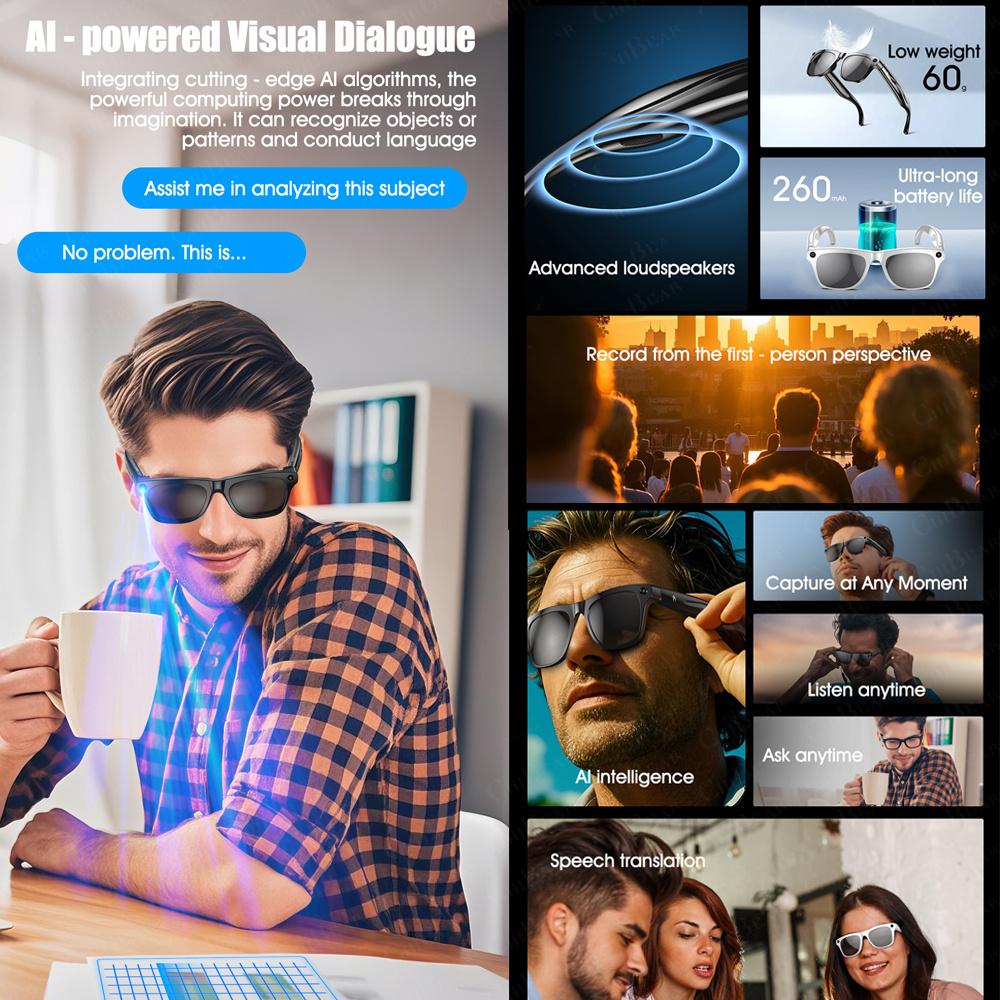 New AI Smart Glasses with Camera Function AI Voice Music Headphones Bluetooth Call Sports Driving Identify Pictures Use ChatGPT Water Proof Local Magnetic Wearable Chargeable Black - Image 5