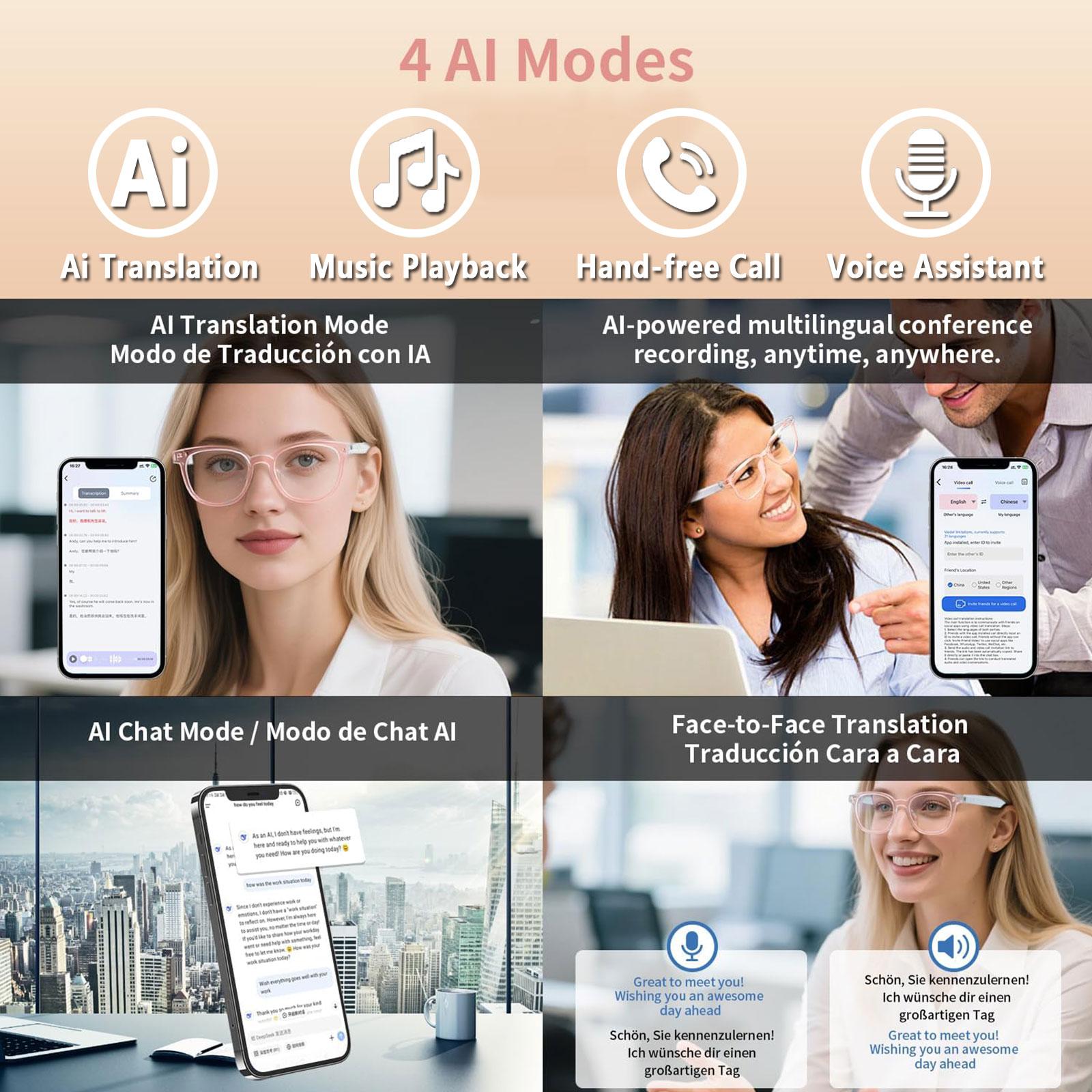 Smart AI translation audio glasses, real-time app translation in over 160 languages, light-sensitive color-changing lenses Wearable White - Image 2