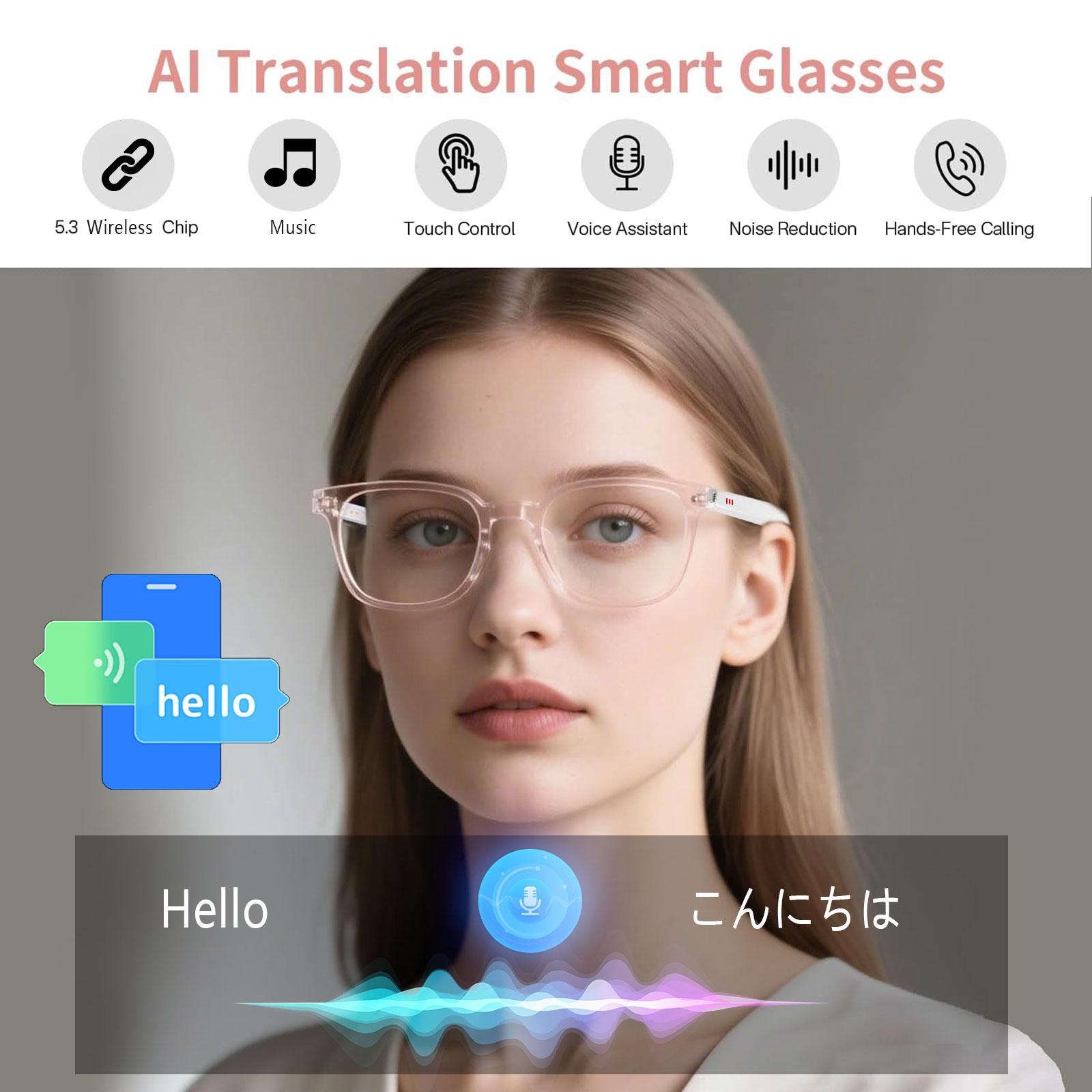 Smart AI translation audio glasses, real-time app translation in over 160 languages, light-sensitive color-changing lenses Wearable White - Image 4