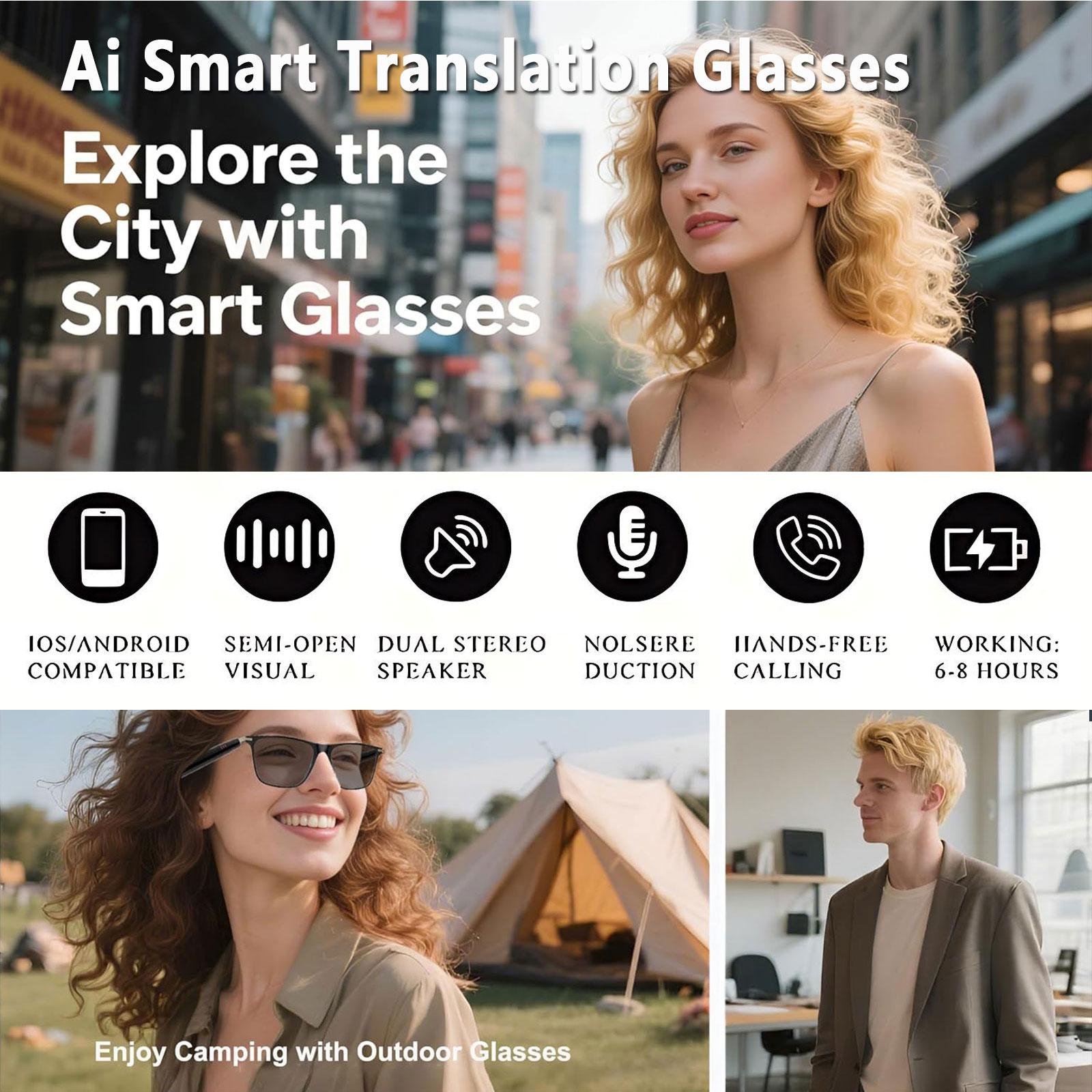 AI smart translation glasses, supporting real-time app translation in 164 languages, photochromic lenses, and flat gray lenses. Wearable Black - Image 3