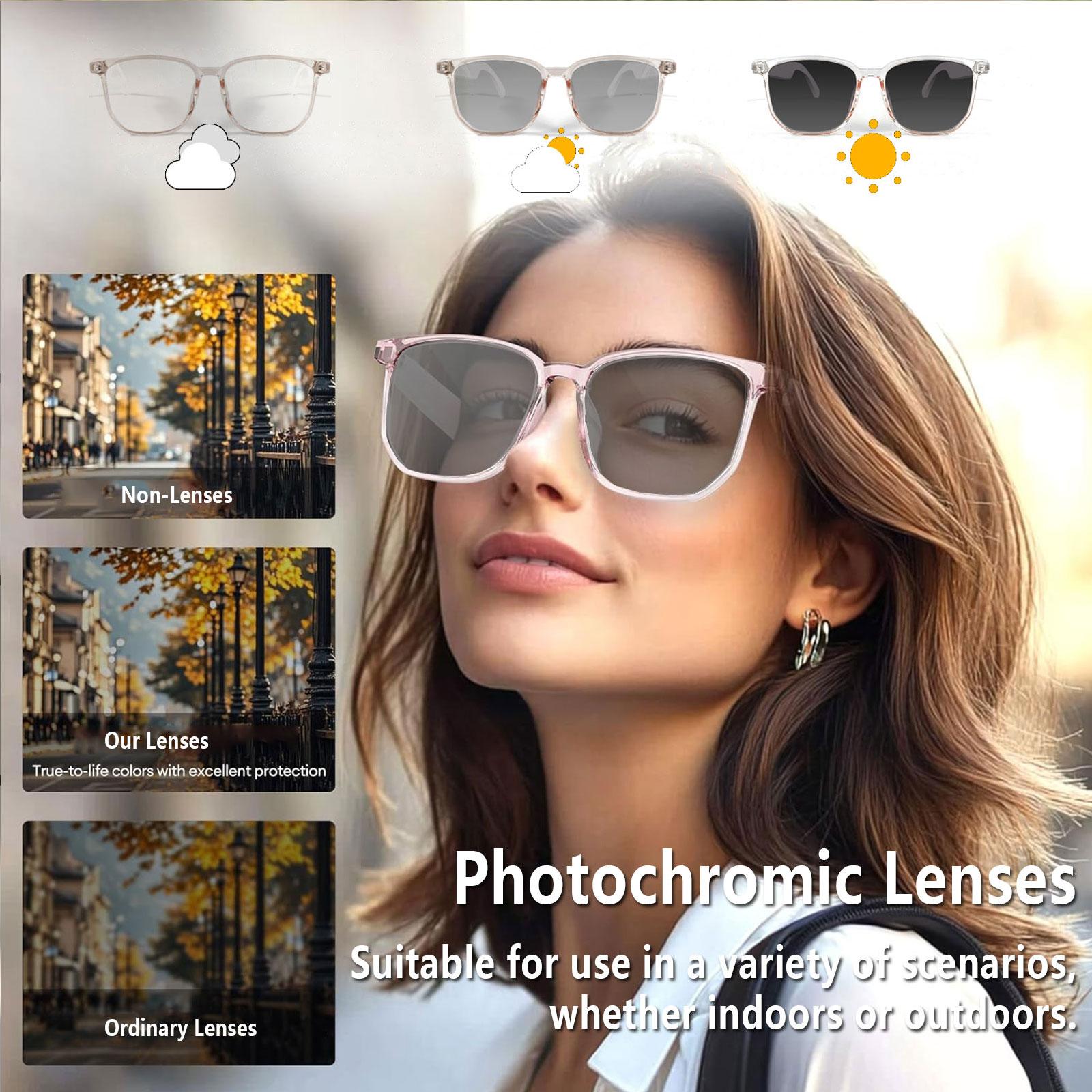 Smart AI translation audio glasses, real-time app translation in over 160 languages, light-sensitive color-changing lenses Wearable White