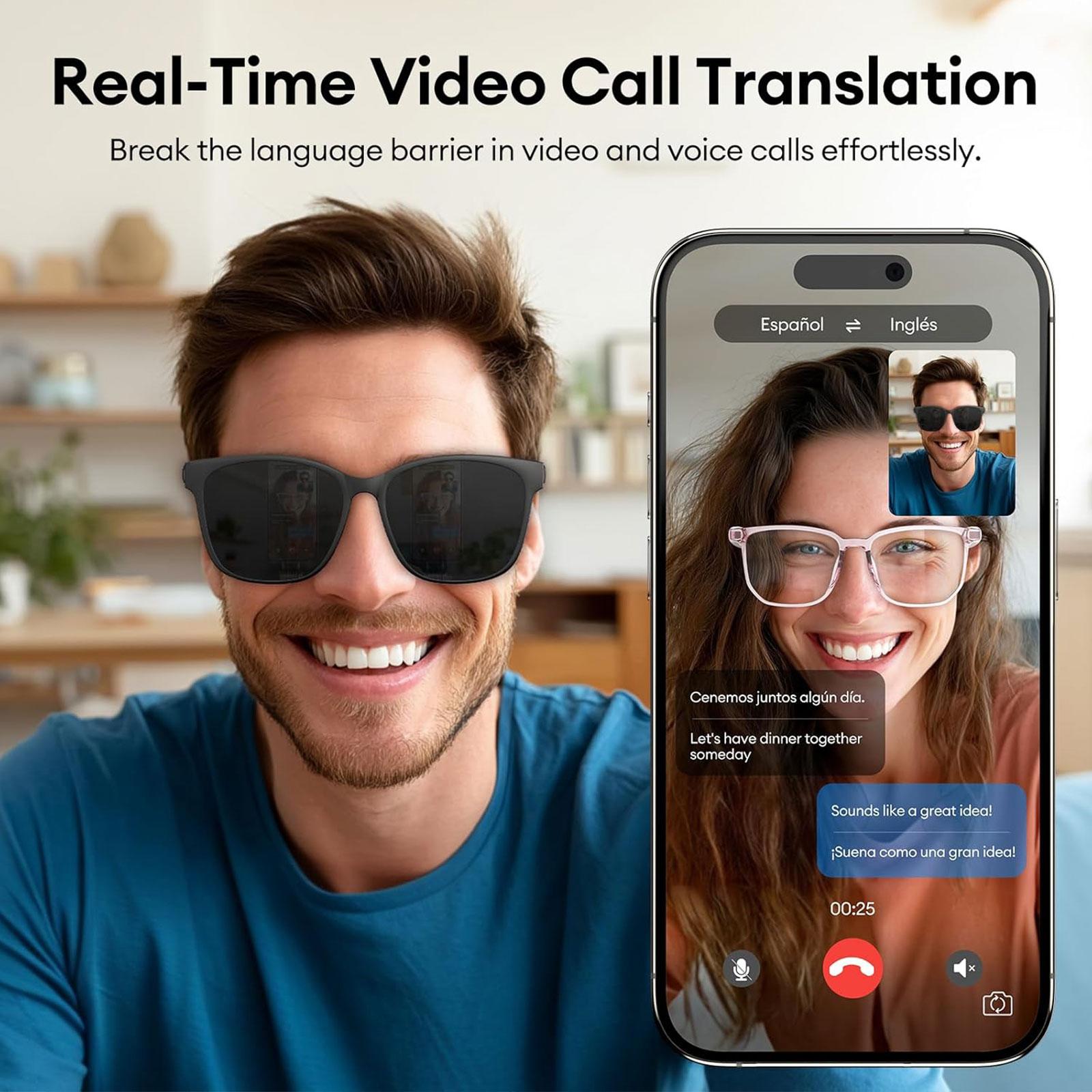 Smart AI translation audio glasses, real-time app translation in over 160 languages, light-sensitive color-changing lenses Wearable White - Image 3