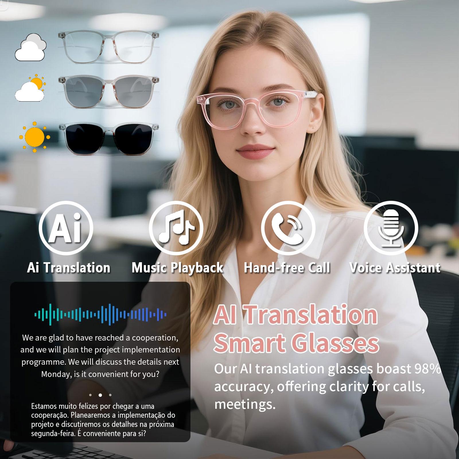 Smart AI translation audio glasses, real-time app translation in over 160 languages, light-sensitive color-changing lenses Wearable White - Image 2
