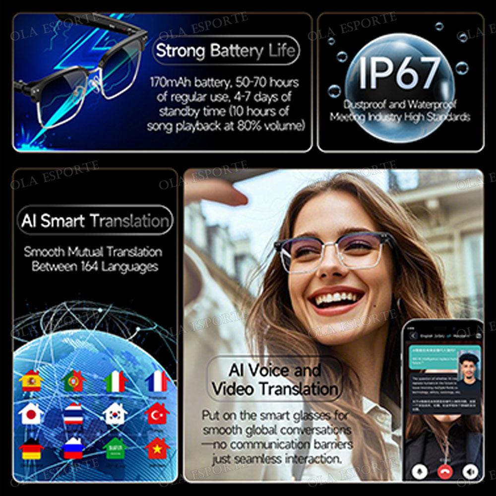 AI Smart Translation Glasses Bluetooth Call Remote Music 164 Video Online Language Translator Voice Note UV400 Sunglasses 2025 Automatic Device