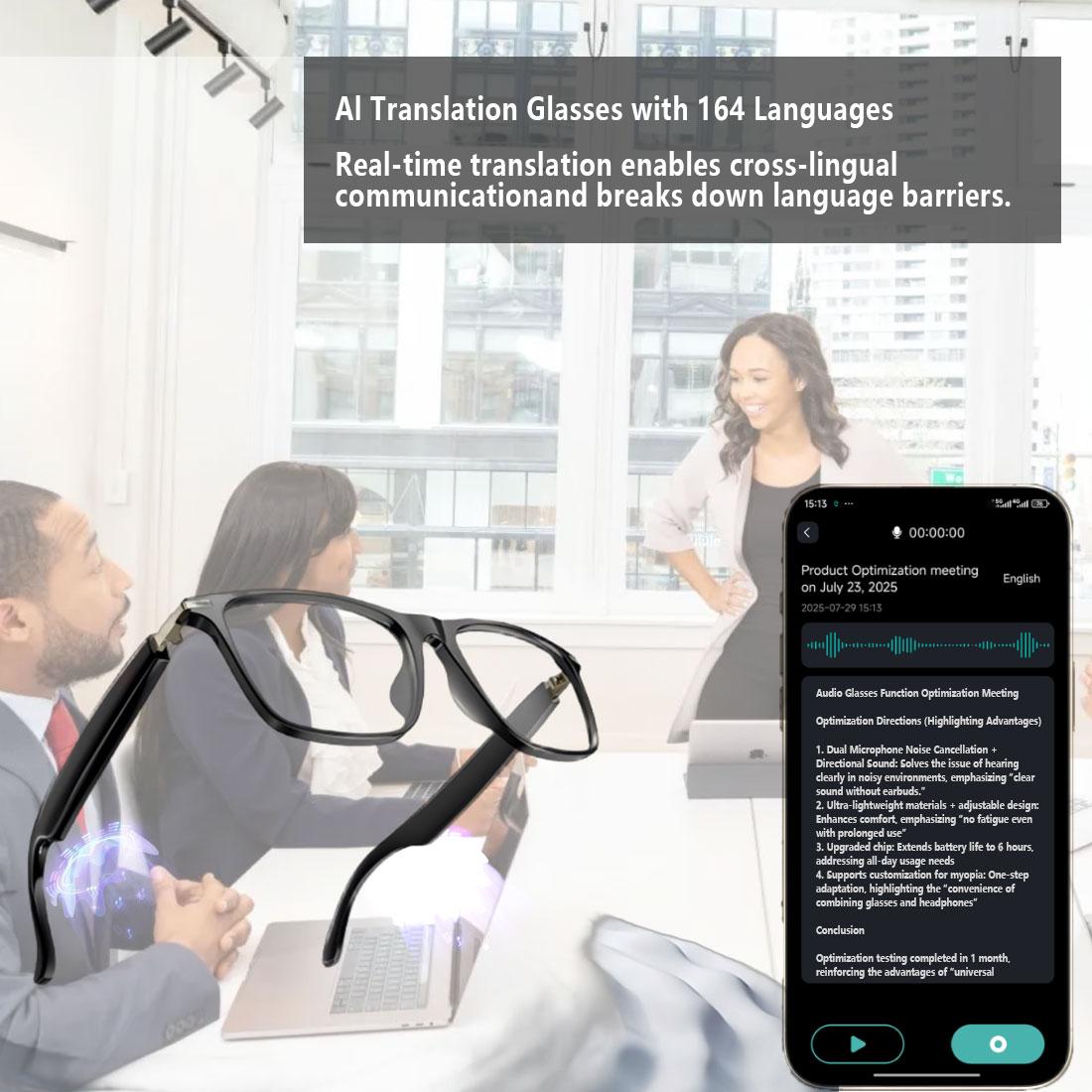 Smart AI translation glasses, real-time app translation in 164 languages, photochromic lenses, flat gray-black lenses. - Image 3