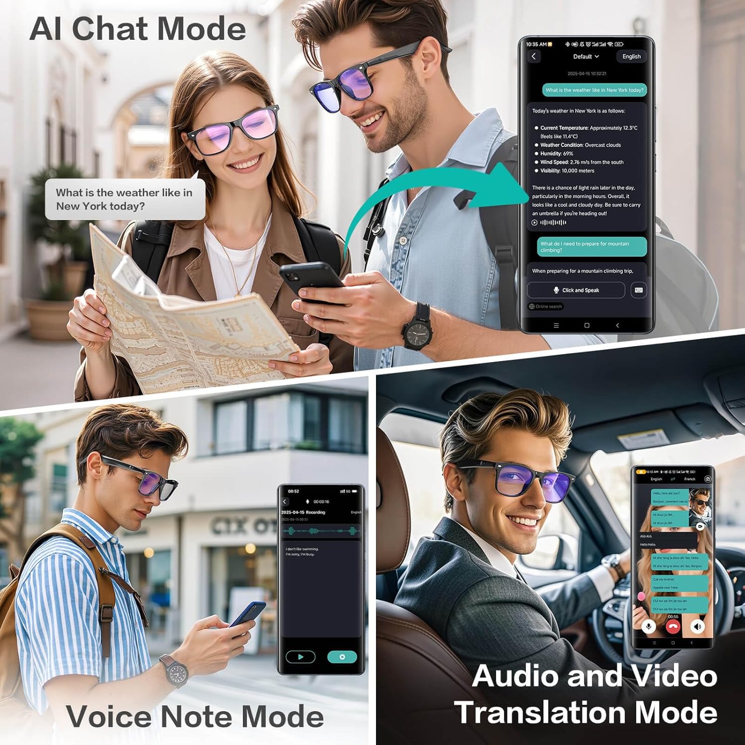 Discover the Revolutionary Features of Smart glasses, app translation, color-changing lenses, high-definition voice calls, Hi-Fi music quality, open-ear audio glasses.