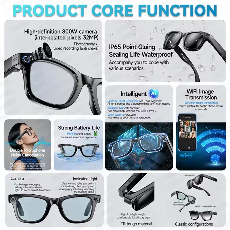 800W Pixels AI Smart Glasses with Camera Sunglasses Video Recorder Take a photo Translation HD Call Anti-blue Glasses Man Women