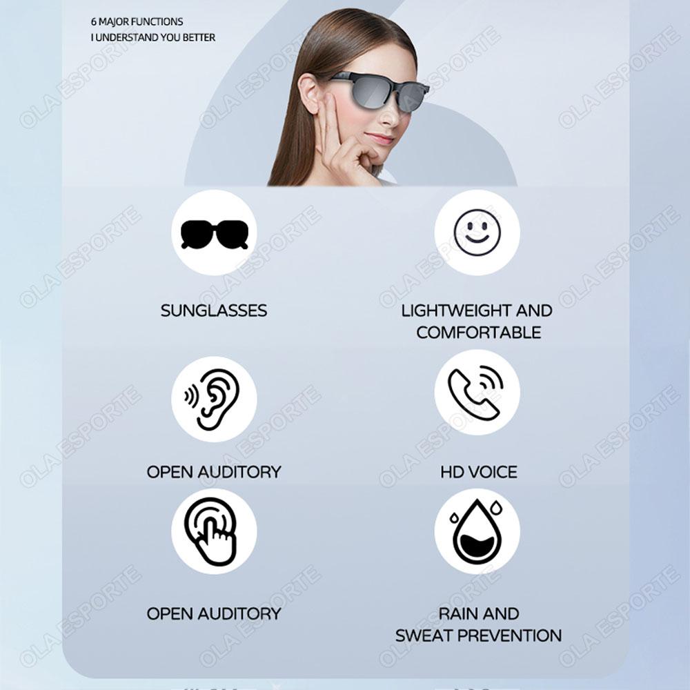 Smart glasses, designed for men, new arrival with Bluetooth 5.3, featuring stereo bass sound with blue light protection, dual speakers, touch control system, music playback, headphones, and sunglasses functionality.