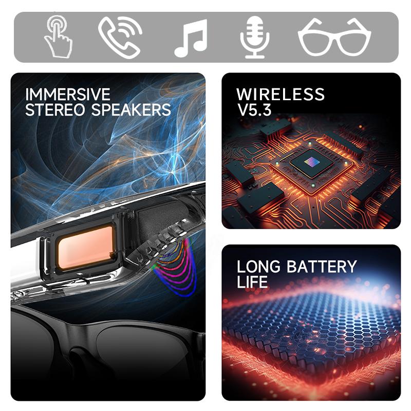 Smart glasses – new arrival, supports voice calls, music playback, touch controls, modern design. Perfect for wearing with sunglasses, equipped with lenses to protect the eyes.