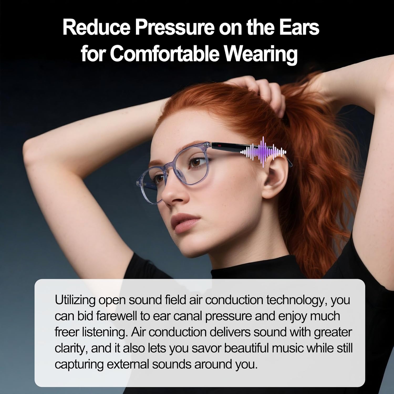 Smart glasses, app translation, color-changing lenses, high-definition voice calls, Hi-Fi music quality, open-ear audio glasses.