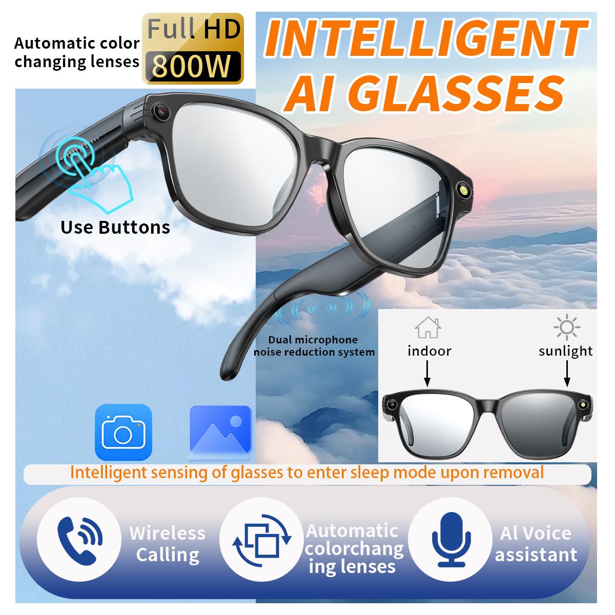 Smart Bluetooth Glasses with 8MP Camera, Anti-Shake Technology, HD Video Recording at 1200P, Music Playback, Voice Calling, Prescription Lenses, AI Interpretation