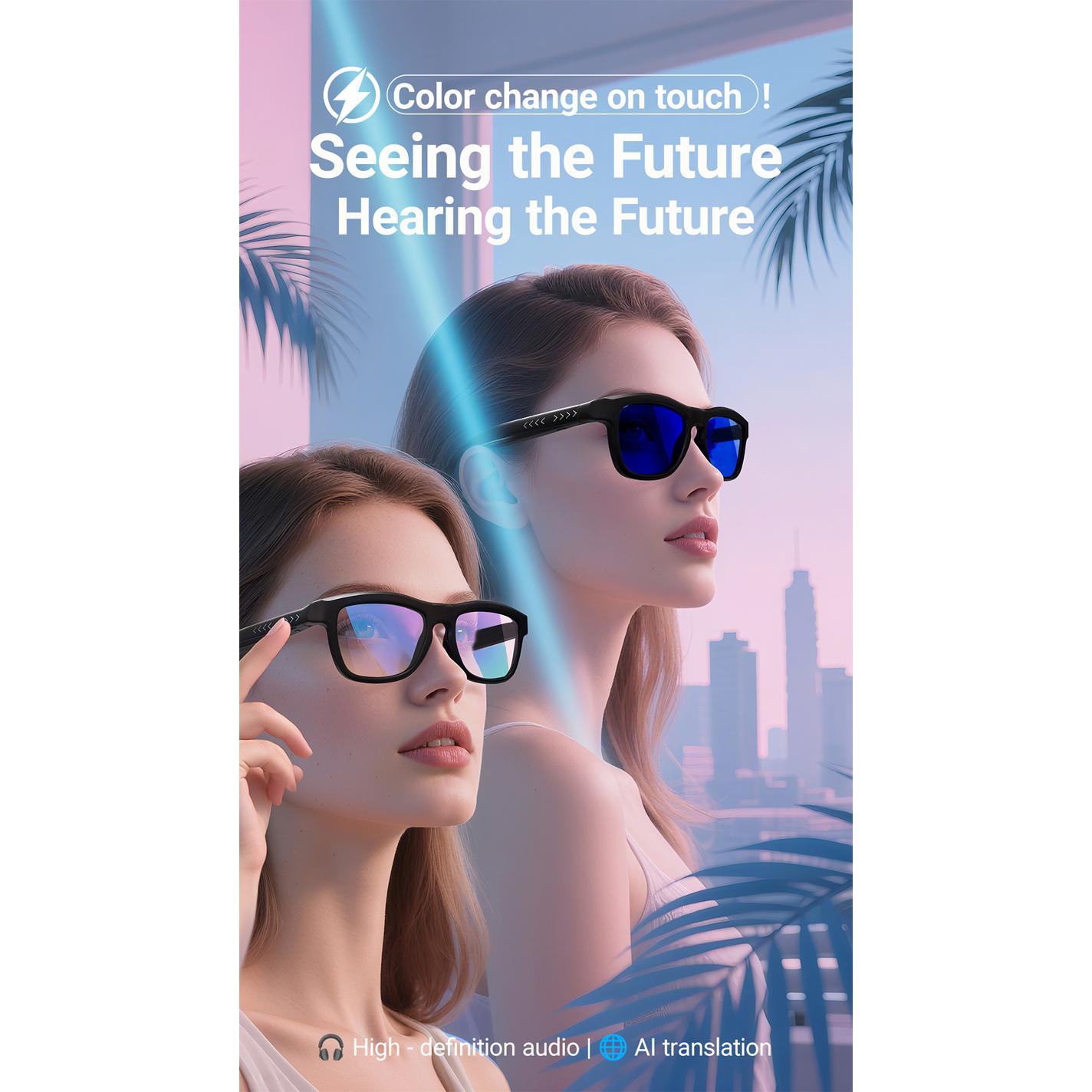Touchless Light-Adjustable Bluetooth Glasses, Multifunctional Electrochromic Glasses, AI Smart Translation, HD Calling Music Player, New in 2025
