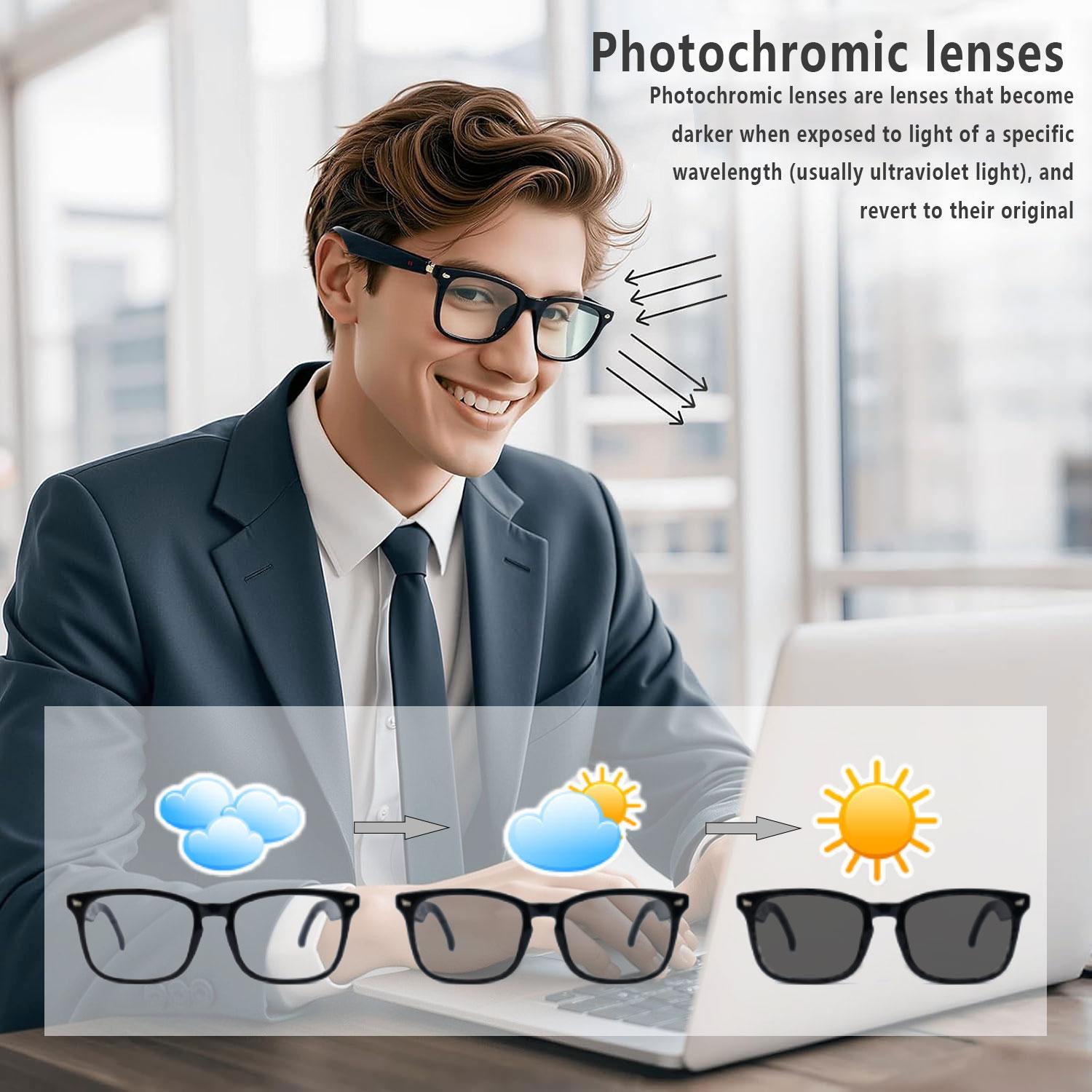 Smart glasses, app translation, color-changing lenses, high-definition voice calls, Hi-Fi music quality, open-ear audio glasses.