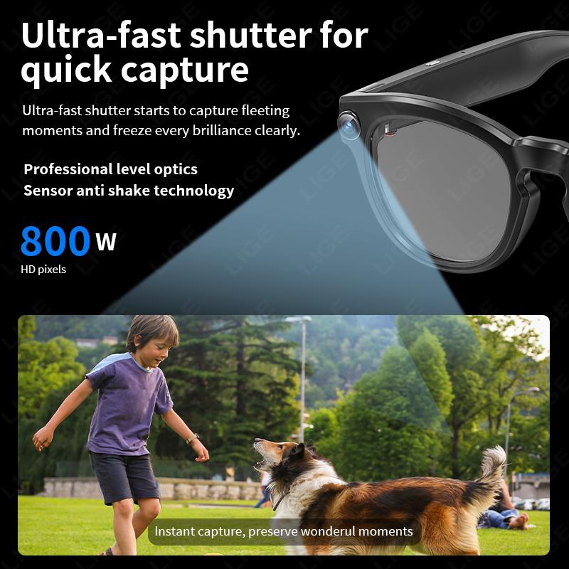 LIGE Smart AI Glasses 800W 4K HD Camera Shooting Video 290mAh Chat Voice Control Translation Bluetooth Call Color-change Lenses
