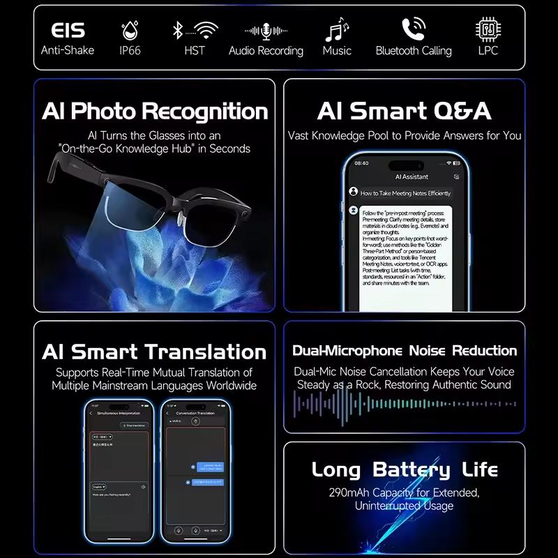 AI Smart Glasses, New in 2026, Intelligent Voice Assistant, Real-Time Translation, Touch Control, Bluetooth Music, Dual Microphones, Noise Cancellation