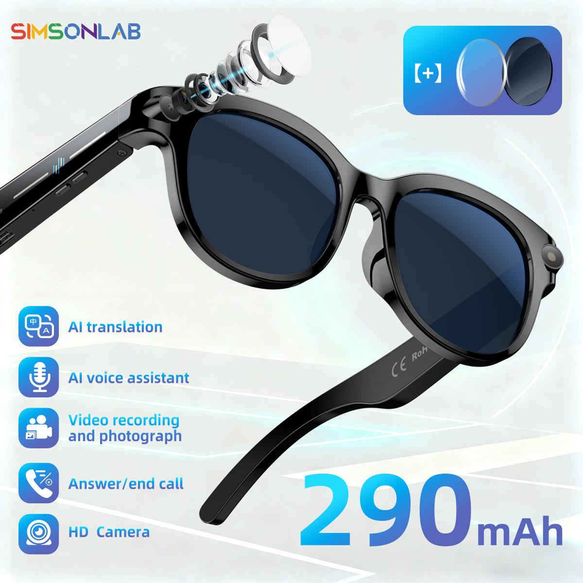 Smart glasses with AI technology, new AI features, HD camera, LED lights, AI translation, conversation mode, 290mAh battery, perfect for meetings, video recording, and outdoor sports sunglasses.