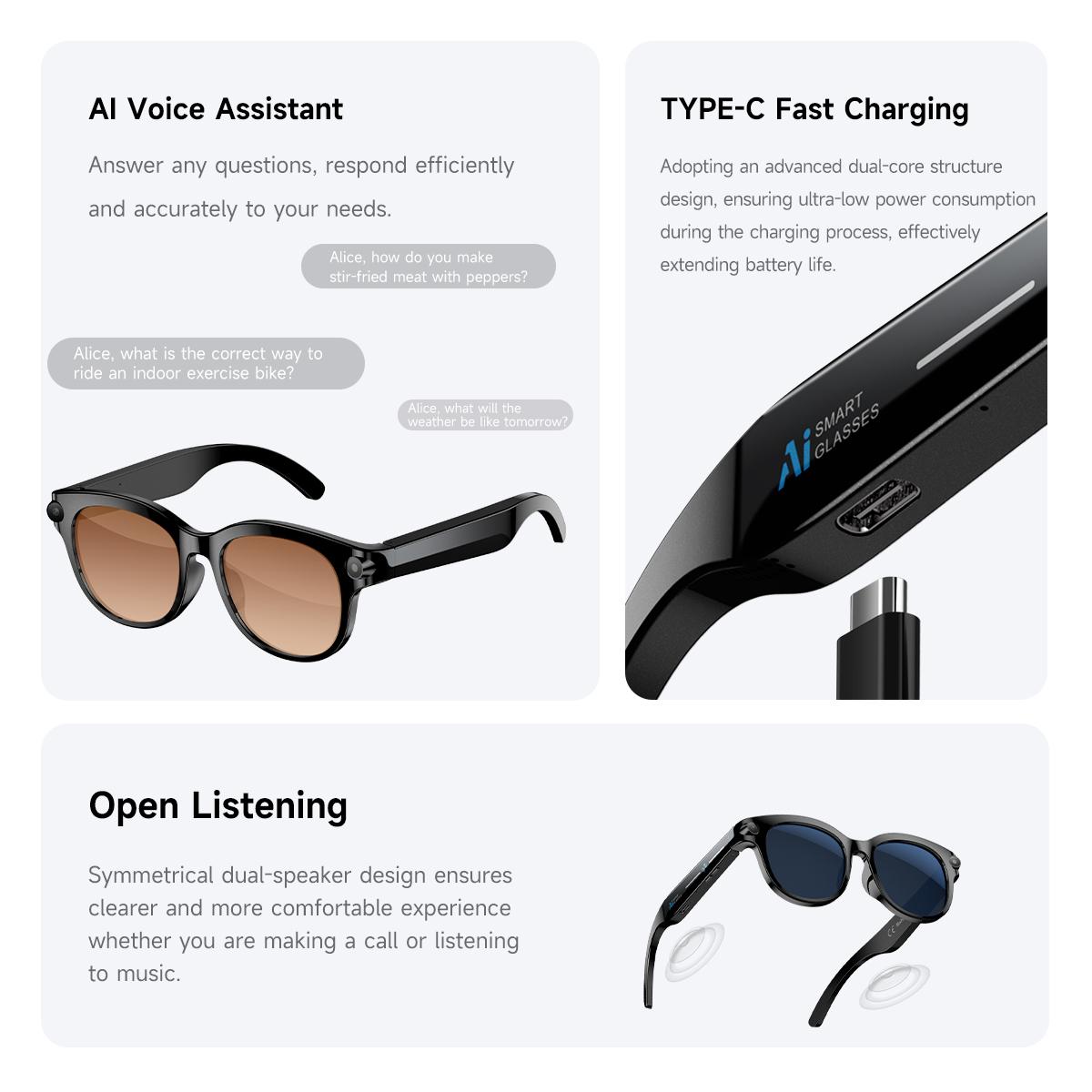 Smart glasses with AI technology, new AI features, HD camera, LED lights, AI translation, conversation mode, 290mAh battery, perfect for meetings, video recording, and outdoor sports sunglasses.