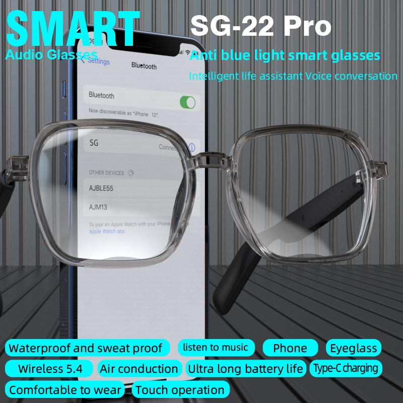 SG22 Smart Glasses, Blue Light Blocking, Fashion Transparent Frame, 8-Hour Music Playback, Unisex Daily Wear 80+80mAh Bettary